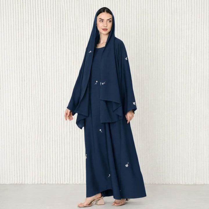 Small Flower Embroidered Abaya Set with Matching Hijab & Inner Dress