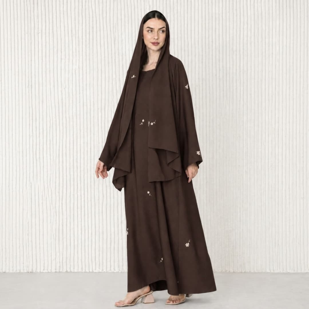 Small Flower Embroidered Abaya Set with Matching Hijab & Inner Dress