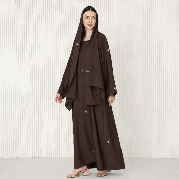 Small Flower Embroidered Abaya Set with Matching Hijab & Inner Dress