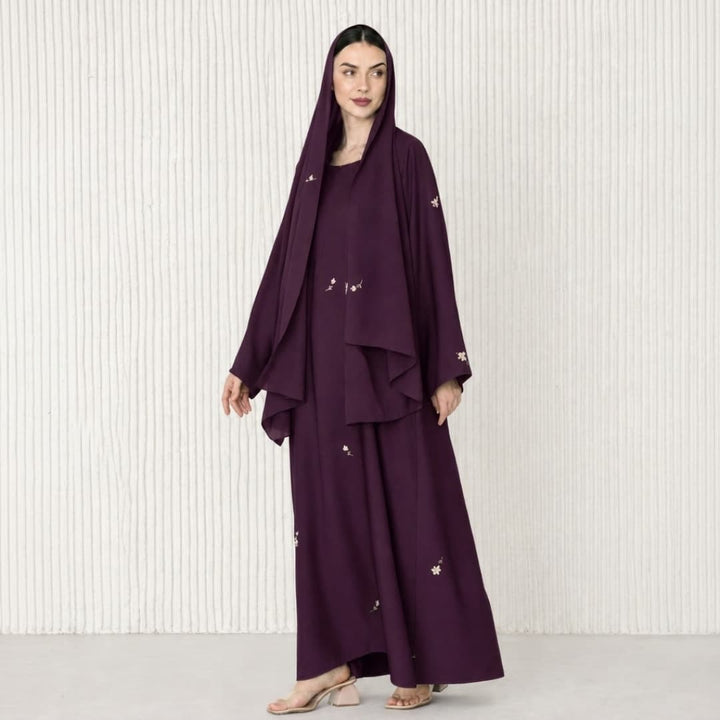 Small Flower Embroidered Abaya Set with Matching Hijab & Inner Dress