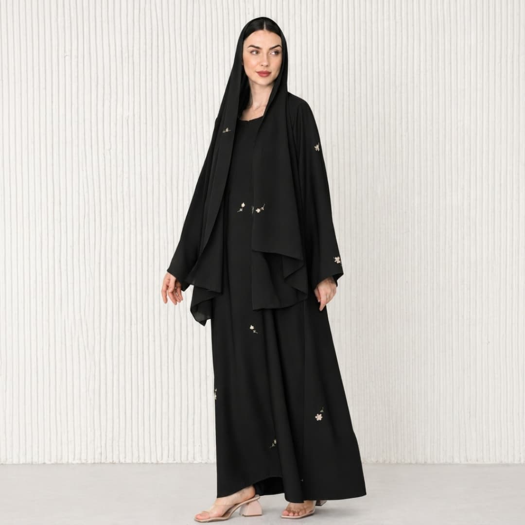 Small Flower Embroidered Abaya Set with Matching Hijab & Inner Dress