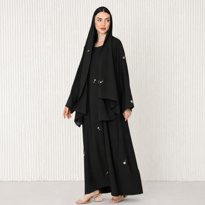 Small Flower Embroidered Abaya Set with Matching Hijab & Inner Dress