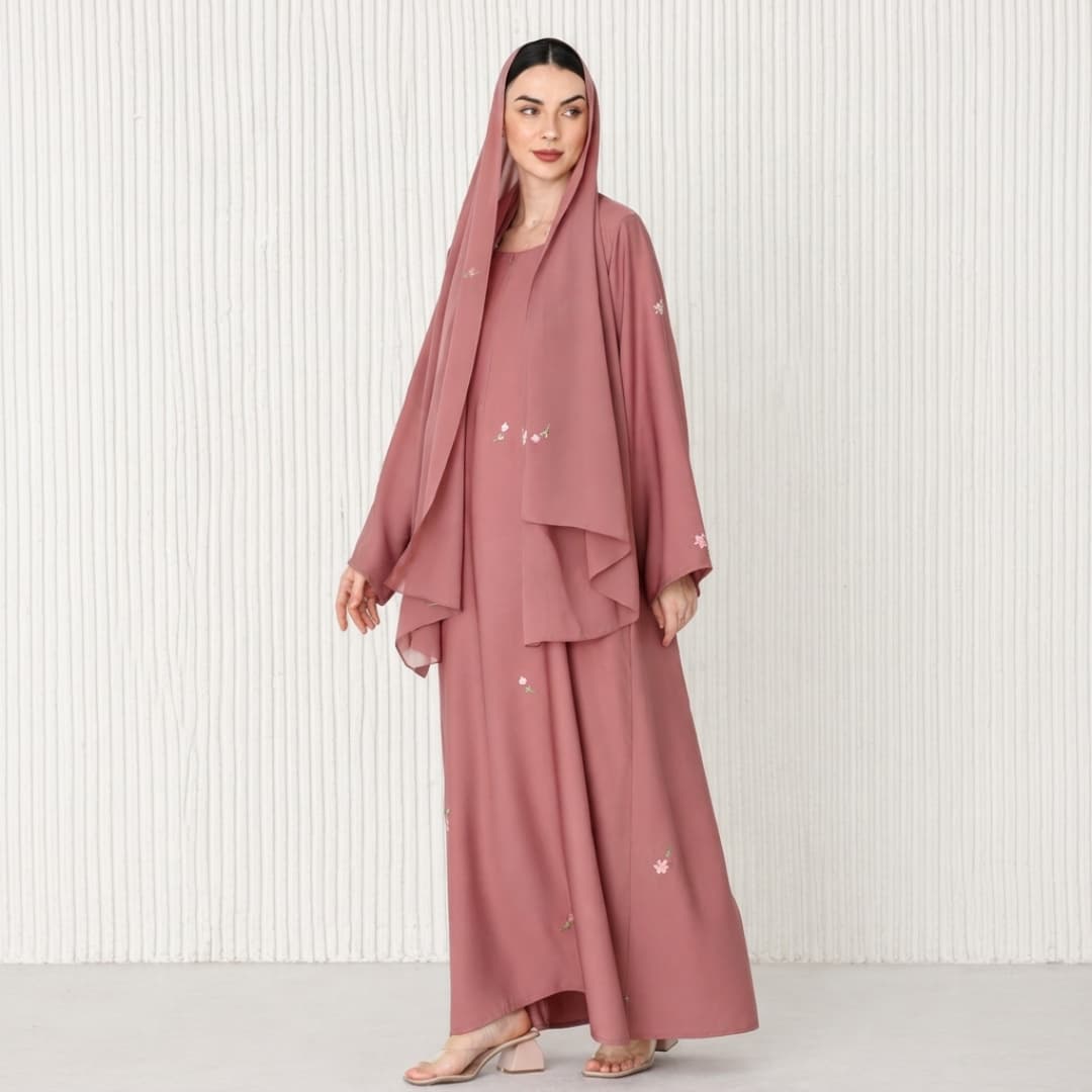Small Flower Embroidered Abaya Set with Matching Hijab & Inner Dress