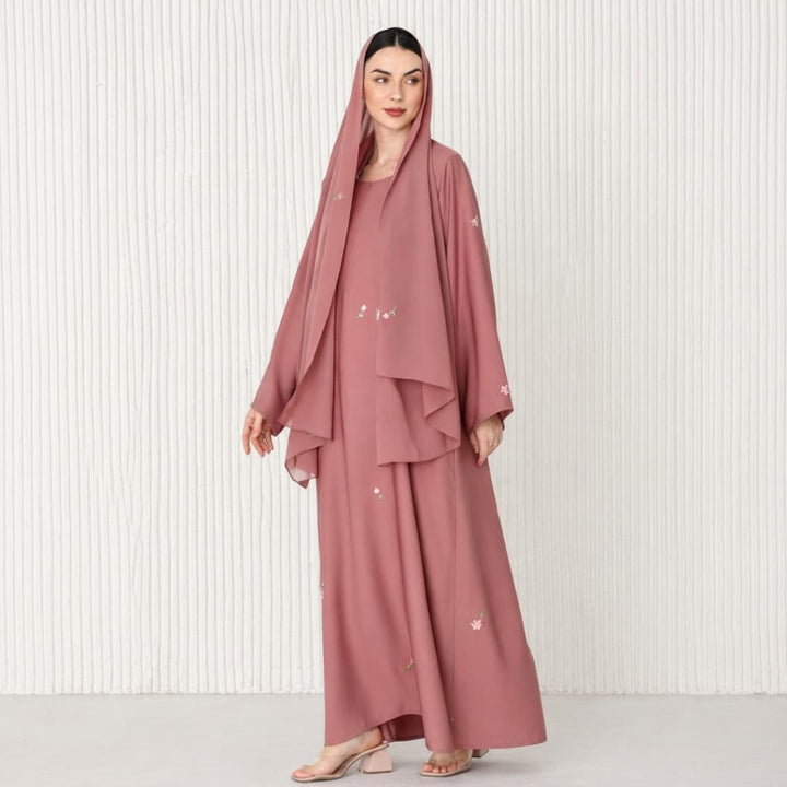 Small Flower Embroidered Abaya Set with Matching Hijab & Inner Dress