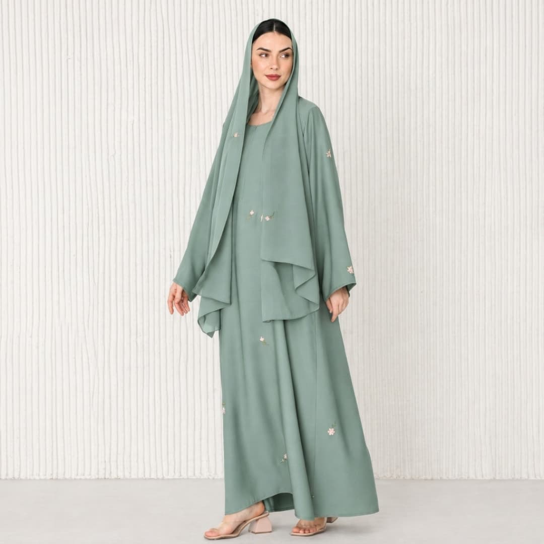 Small Flower Embroidered Abaya Set with Matching Hijab & Inner Dress