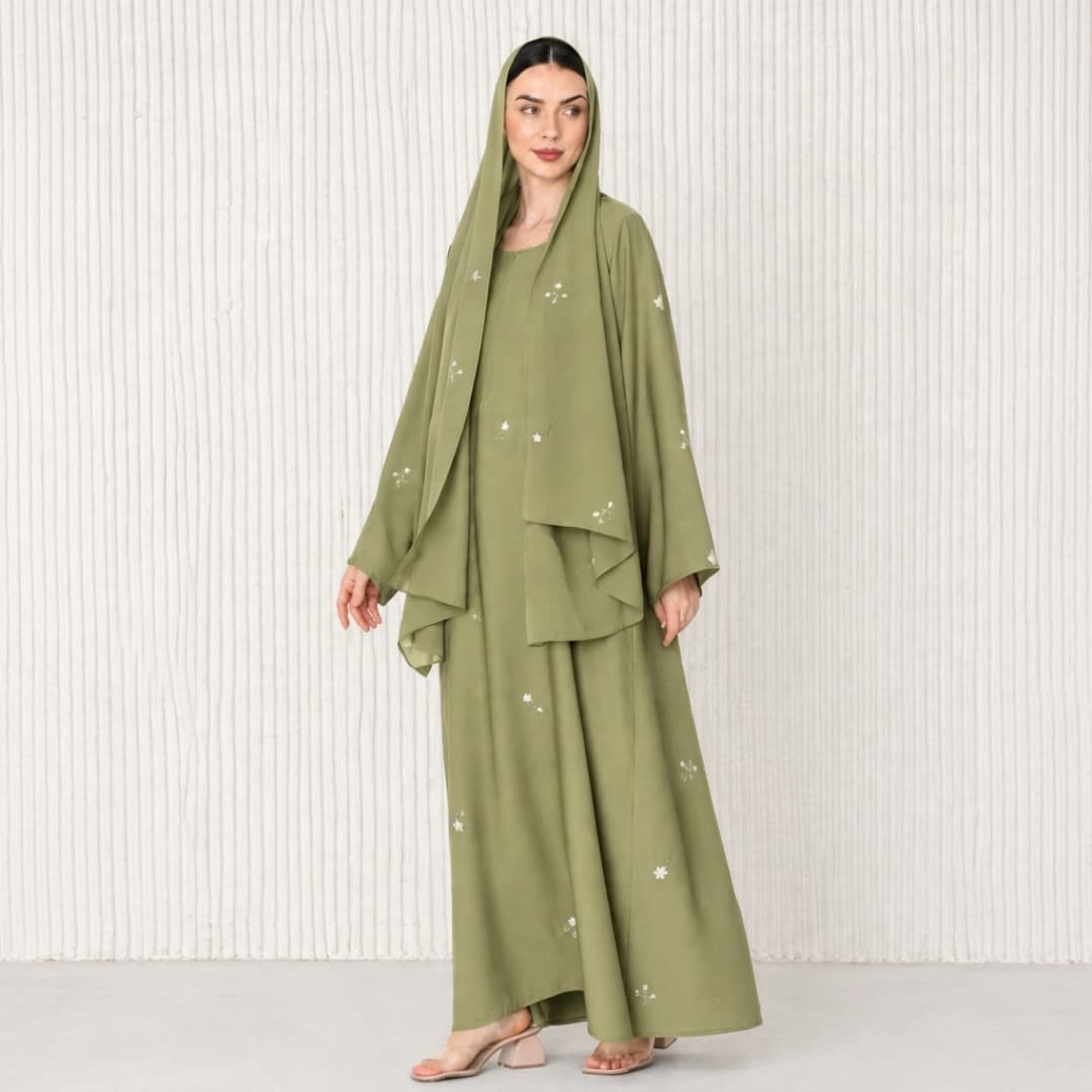 Small Flower Embroidered Abaya Set with Matching Hijab & Inner Dress