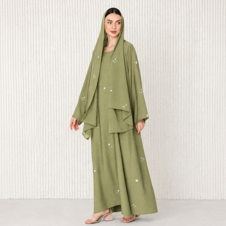 Small Flower Embroidered Abaya Set with Matching Hijab & Inner Dress