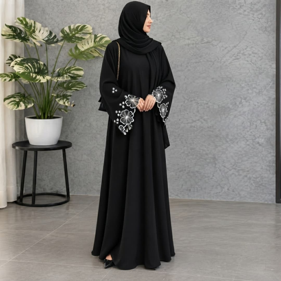 Elegant Floral Embroidered Bell-Sleeve Maxi Abaya with Matching Hijab