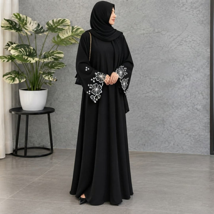 Elegant Floral Embroidered Bell-Sleeve Maxi Abaya with Matching Hijab