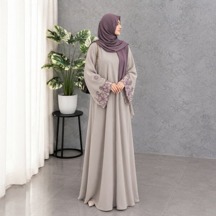 Elegant Floral Embroidered Bell-Sleeve Maxi Abaya with Matching Hijab