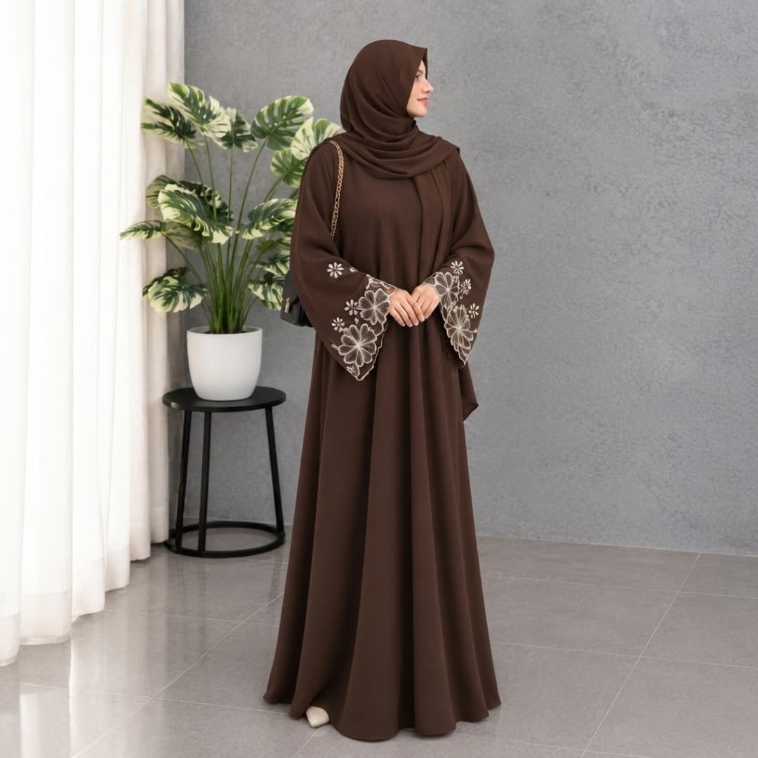 Elegant Floral Embroidered Bell-Sleeve Maxi Abaya with Matching Hijab