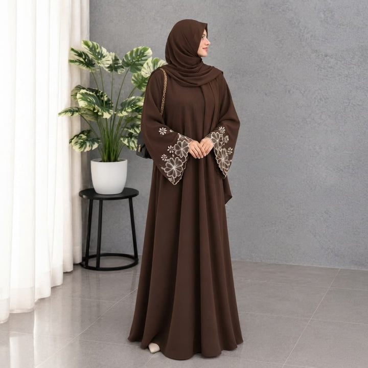 Elegant Floral Embroidered Bell-Sleeve Maxi Abaya with Matching Hijab