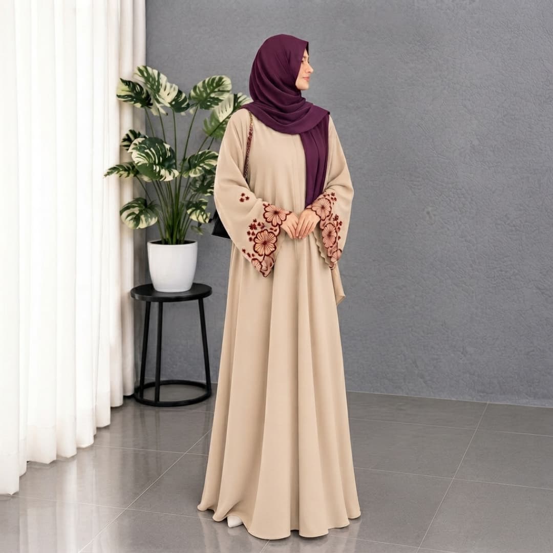 Elegant Floral Embroidered Bell-Sleeve Maxi Abaya with Matching Hijab