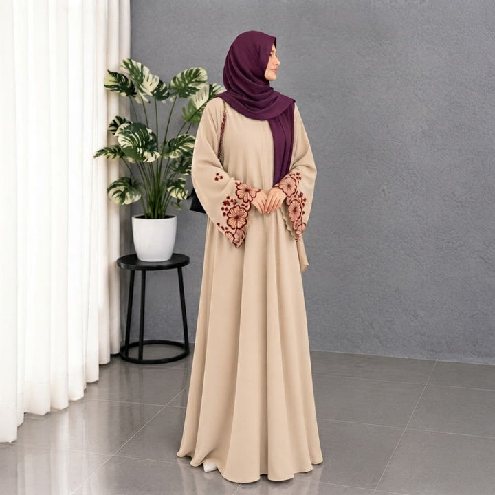Elegant Floral Embroidered Bell-Sleeve Maxi Abaya with Matching Hijab