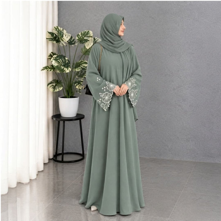 Elegant Floral Embroidered Bell-Sleeve Maxi Abaya with Matching Hijab