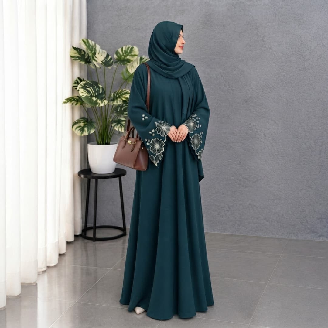 Elegant Floral Embroidered Bell-Sleeve Maxi Abaya with Matching Hijab